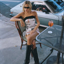 Women's vintage newspaper print strapless waistband pin skirt