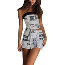 Women's vintage newspaper print strapless waistband pin skirt