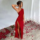 Sexy One-shoulder Backless Slit Summer Elegant Slim-fit Solid Color Satin Dress