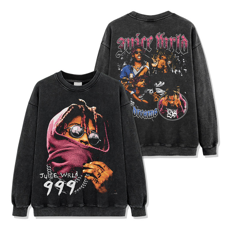 American vintage printed short sleeve T-shirt loose casual heavy round neck hoodie men