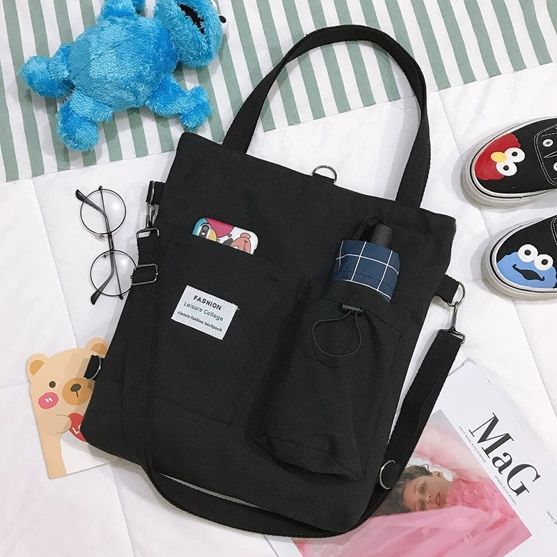 Harajuku Canvas Handbag With Pockets Preppy Backpack Shoulder Bag For Women