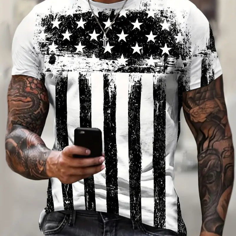 Flag Print Summer T-shirt Vintage 3D digital print round neck short sleeve men's wear
