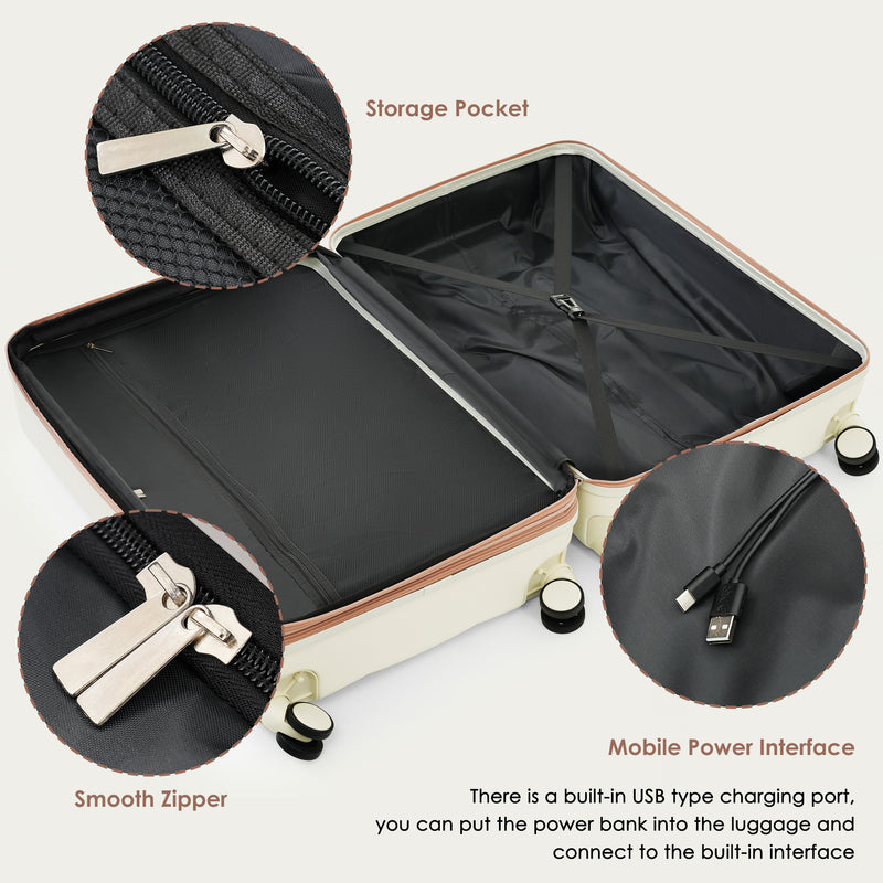 4-piece Suitcase Set With USB Port, Expandable ABS Durable Suitcase, Travel Bag, Cup Holder, Spinner Wheels