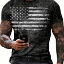 Flag Print Summer T-shirt Vintage 3D digital print round neck short sleeve men's wear
