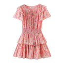 Style round neck tie short sleeve waist print ruffled edge layer dress