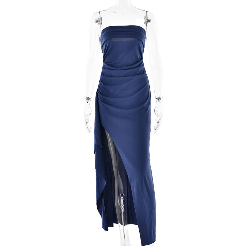 Strapless Split Long Dress Summer Fashion Pleated Bridesmaid Dress