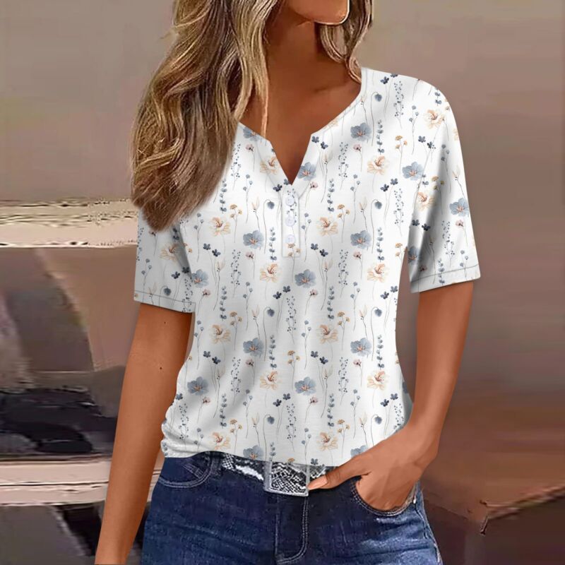 Women's Casual Floral V Neck Short Sleeve Summer Shirts Tops Loose Fit