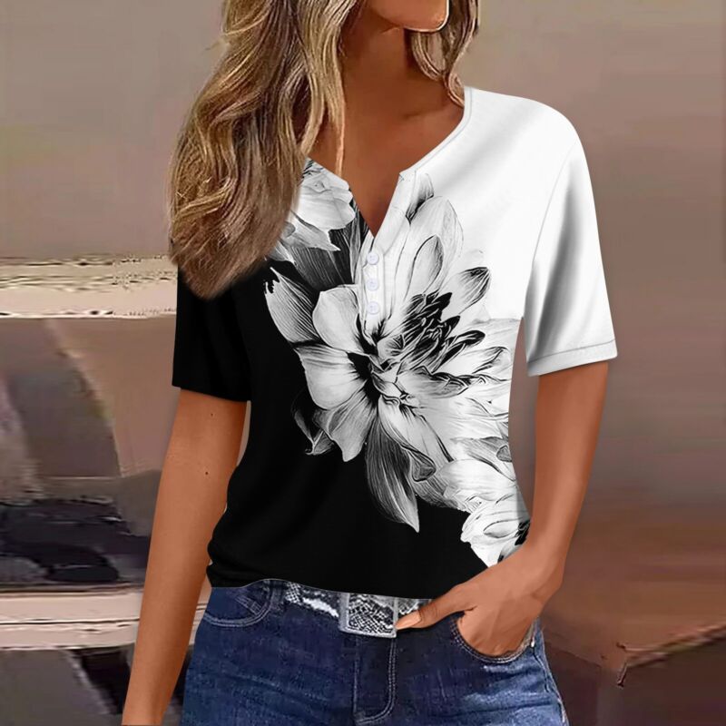 Women's Casual Floral V Neck Short Sleeve Summer Shirts Tops Loose Fit