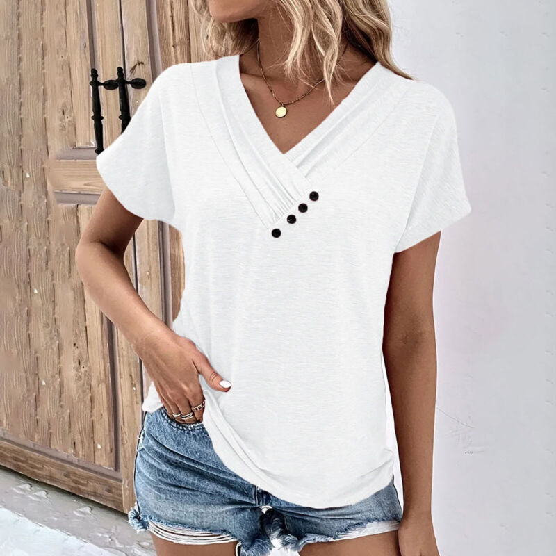 Women's Casual Summer T Shirts Solid Short Sleeve Button V Neck Tops