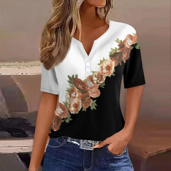 Women's Casual Floral V Neck Short Sleeve Summer Shirts Tops Loose Fit