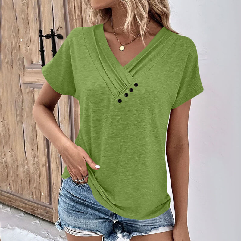 Women's Casual Summer T Shirts Solid Short Sleeve Button V Neck Tops