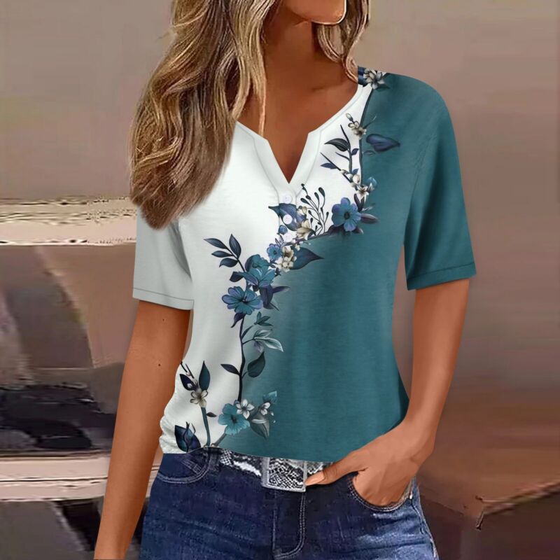 Women's Casual Floral V Neck Short Sleeve Summer Shirts Tops Loose Fit