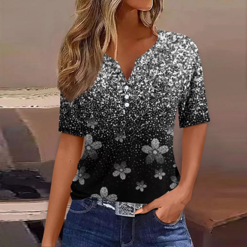 Women's Casual Floral V Neck Short Sleeve Summer Shirts Tops Loose Fit