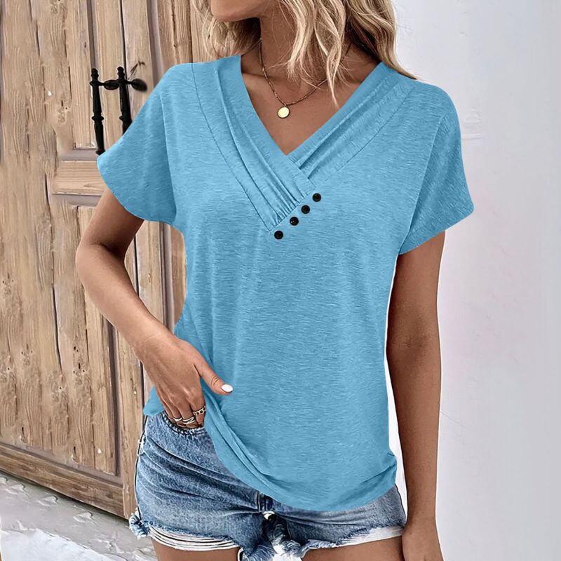 Women's Casual Summer T Shirts Solid Short Sleeve Button V Neck Tops