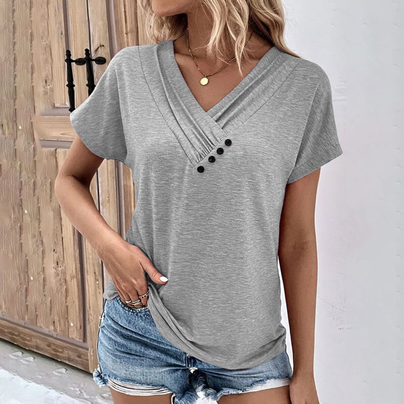 Women's Casual Summer T Shirts Solid Short Sleeve Button V Neck Tops