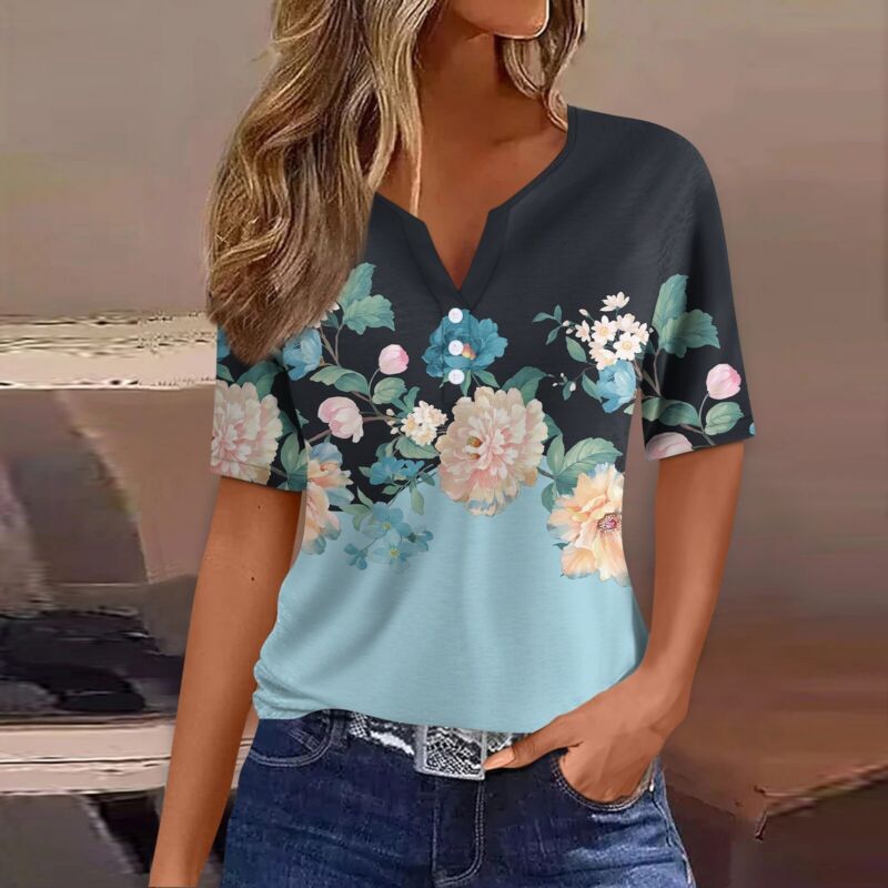 Women's Casual Floral V Neck Short Sleeve Summer Shirts Tops Loose Fit