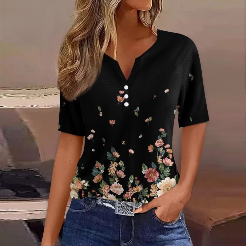 Women's Casual Floral V Neck Short Sleeve Summer Shirts Tops Loose Fit