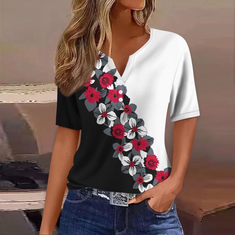 Women's Casual Floral V Neck Short Sleeve Summer Shirts Tops Loose Fit