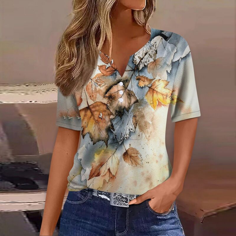 Women's Casual Floral V Neck Short Sleeve Summer Shirts Tops Loose Fit