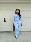 Solid color women's open-neck two-piece long-sleeved set