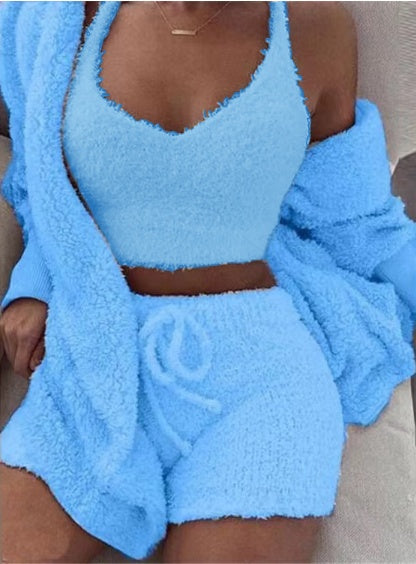 3pcs Women's Long Sleeve Crop Tank Top And Drawstring Shorts Pajama Set