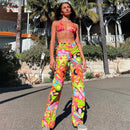 Europe and America women's fall new color print harajuku street high waist casual pants