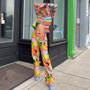 Europe and America women's fall new color print harajuku street high waist casual pants