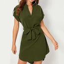V-neck Short Sleeve Dress With Belt Summer Fashion Bowknot Dresses For Women