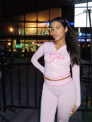 Solid color women's open-neck two-piece long-sleeved set