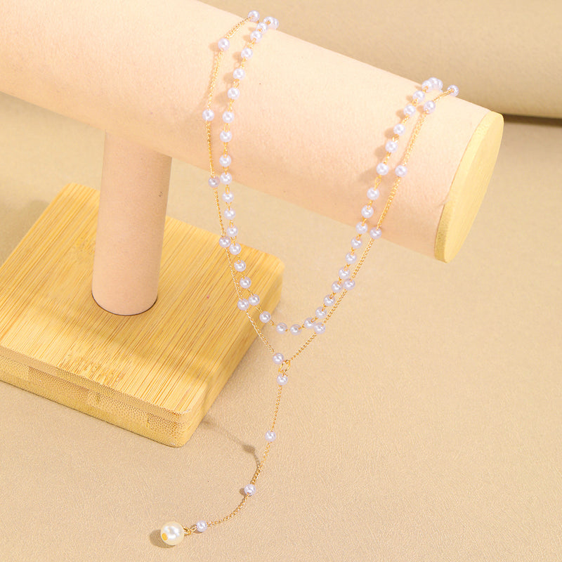 Fashion Y style imitation pearl fringe double layer necklace accessories