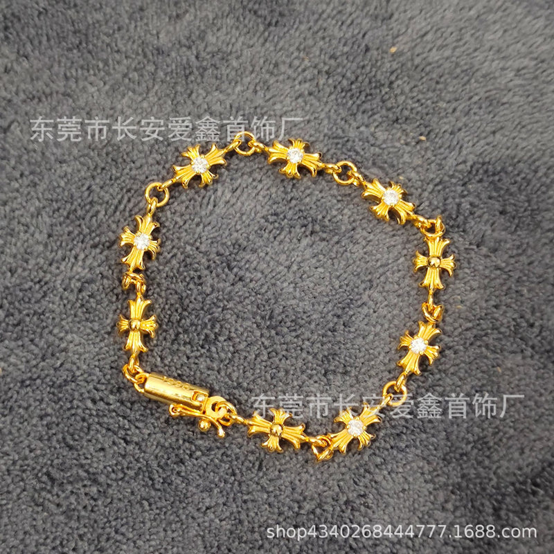 A simple antique golden cross-flower diamond-encrusted thin bracelet