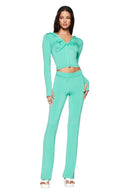 Solid color women's open-neck two-piece long-sleeved set