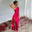 Sexy One-shoulder Backless Slit Summer Elegant Slim-fit Solid Color Satin Dress
