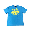 A blue short-sleeved T-shirt with American hip-hop print from a trendy brand