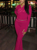 Solid color women's open-neck two-piece long-sleeved set