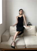 Elegant black stretch knit dress x with butterfly flower embroidery on the back