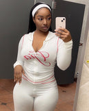 Solid color women's open-neck two-piece long-sleeved set