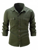 Men's European size wash elastic cotton casual fashion long sleeve shirt
