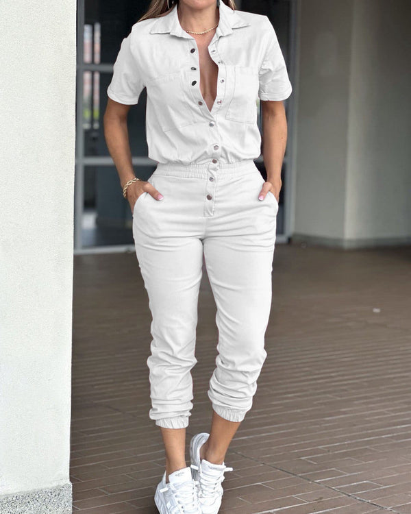 Casual fashion women's cinched leg romper lapel pocket waist elasticated button romper