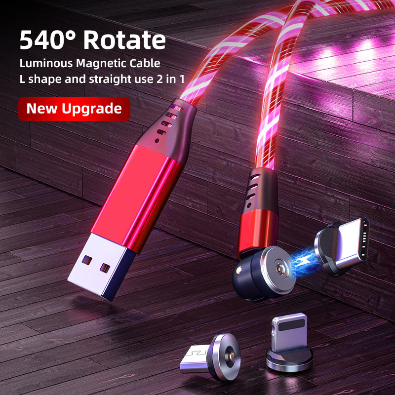 540 Rotate Luminous Magnetic 3A Fast Charging Mobile Phone Cable For LED Micro USB Type C