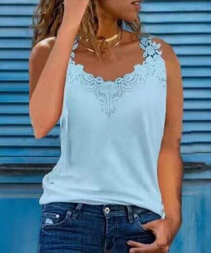 Womens Lace V Neck Tank Tops Vest Ladies Plain Sleeveless Blouse Cami