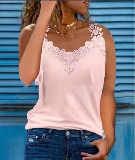 Womens Lace V Neck Tank Tops Vest Ladies Plain Sleeveless Blouse Cami