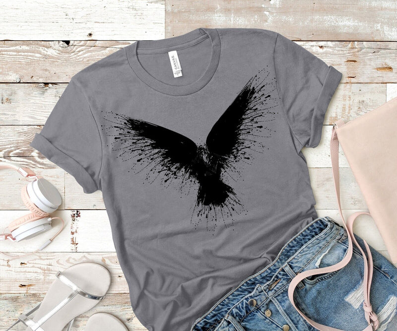 Crow Women's T-Shirt Hand Print Dual-Blend Tee Raven Shirt Eco Fashion