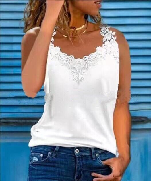 Womens Lace V Neck Tank Tops Vest Ladies Plain Sleeveless Blouse Cami