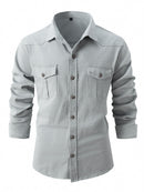 Men's European size wash elastic cotton casual fashion long sleeve shirt