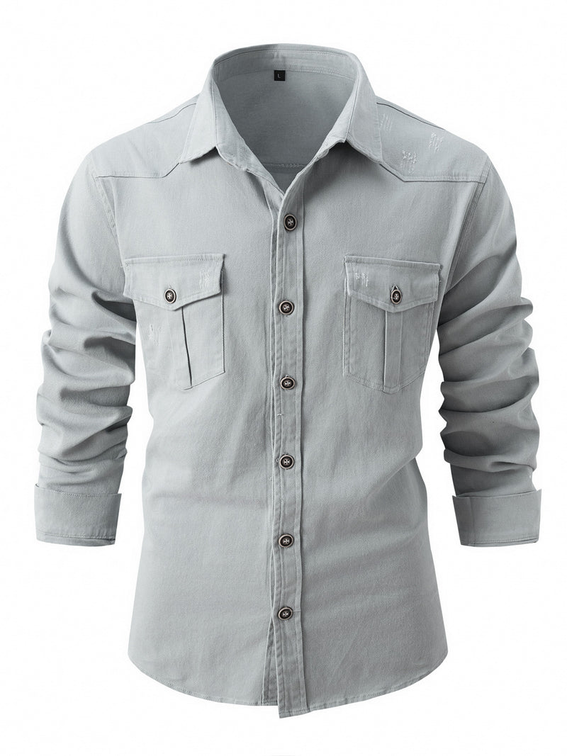 Men's European size wash elastic cotton casual fashion long sleeve shirt