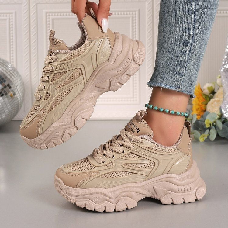 Europe station daddy shoes female Spring and autumn new thick bottom net surface all white shoes leisure breathable ide heighting sports shoes
