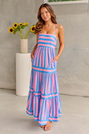 Summer Striped Printed Suspender Long Dress With Pockets Square Neck Backless Dress