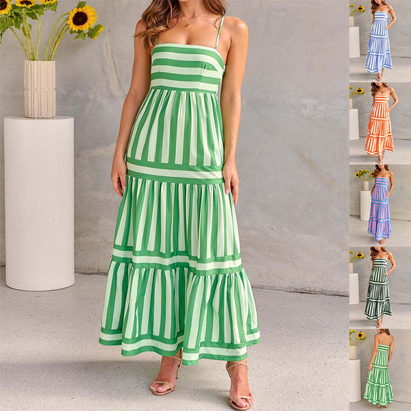 Summer Striped Printed Suspender Long Dress With Pockets Square Neck Backless Dress