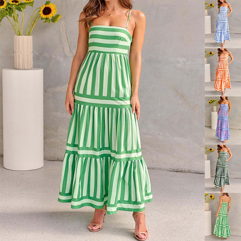 Summer Striped Printed Suspender Long Dress With Pockets Square Neck Backless Dress